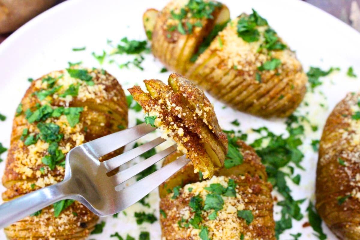Quick Microwave Hasselback Potatoes close up look.