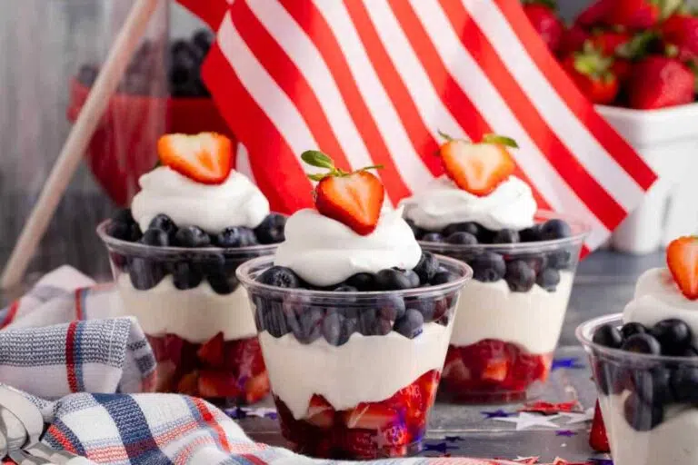 Red, White, and Blue Fruit Cups filled with berries.