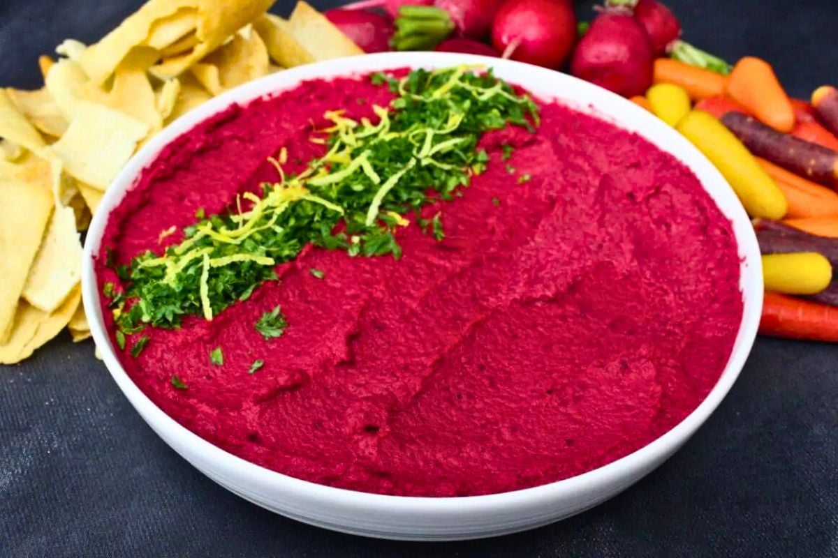 Roasted Beet Hummus With Air Fryer Roasted Beets served in a bowl.
