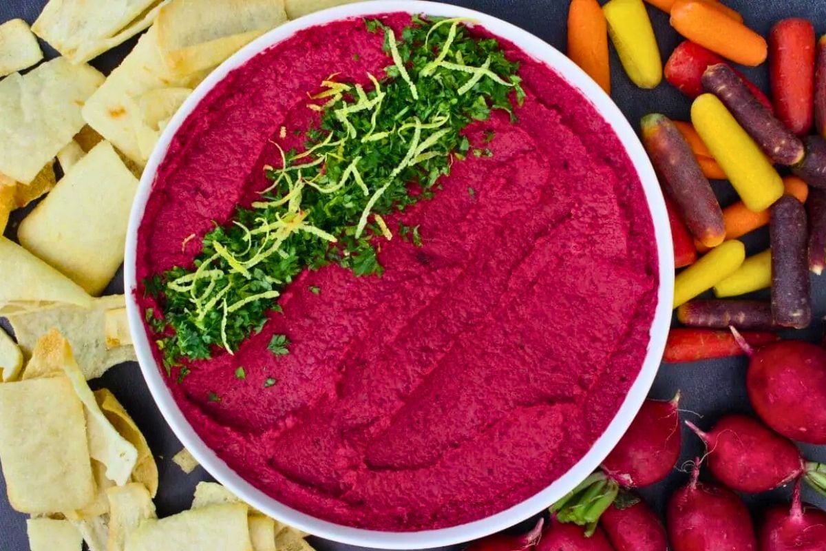 Roasted Beet Hummus With Air Fryer Roasted Beets overhead view.