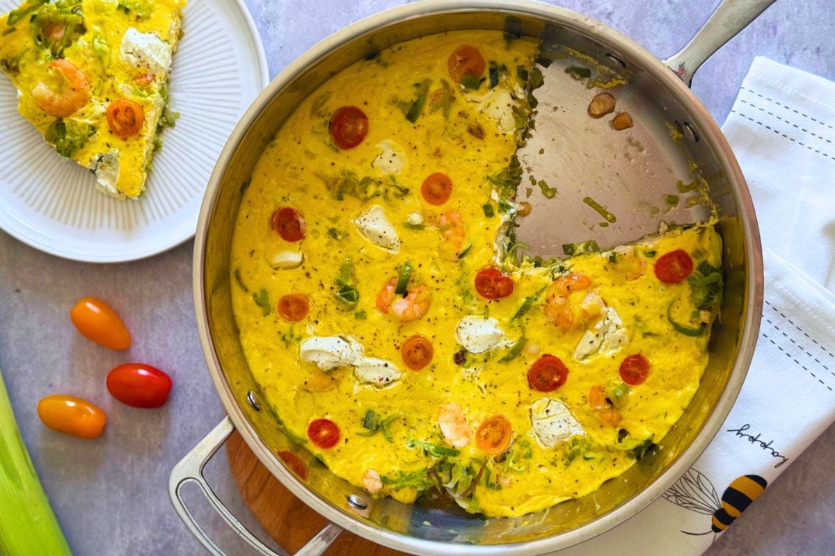 Shrimp and Leek Frittata in a pan.
