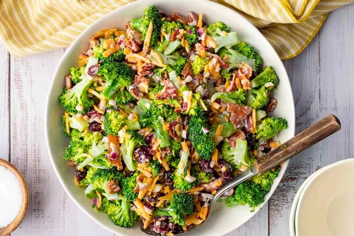 Simple Broccoli Salad with Bacon and Cheddar served in a bowl.