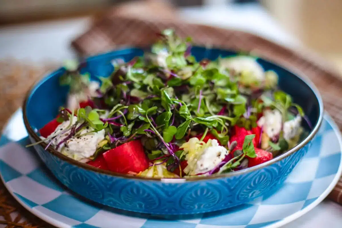 Sweet Heat Watermelon Crunch Salad served in a bowl.