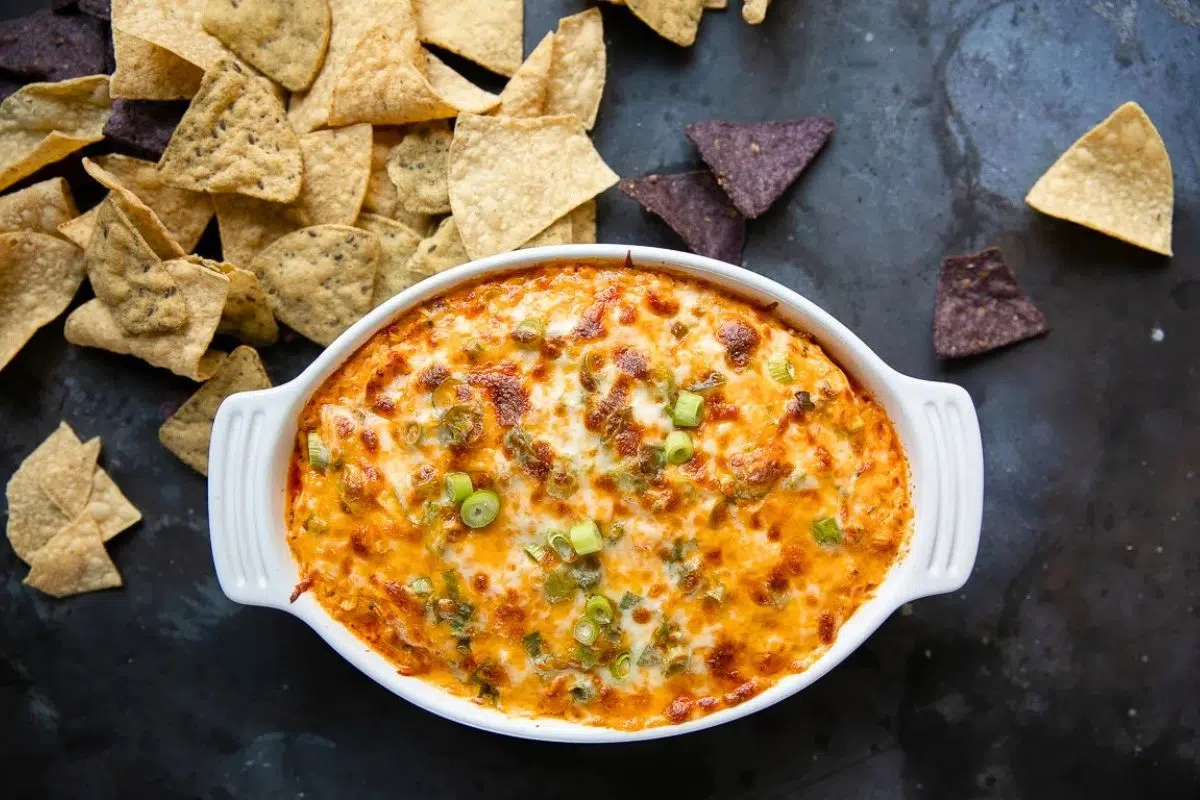 The Best Buffalo Chicken Dip in a baking dish.