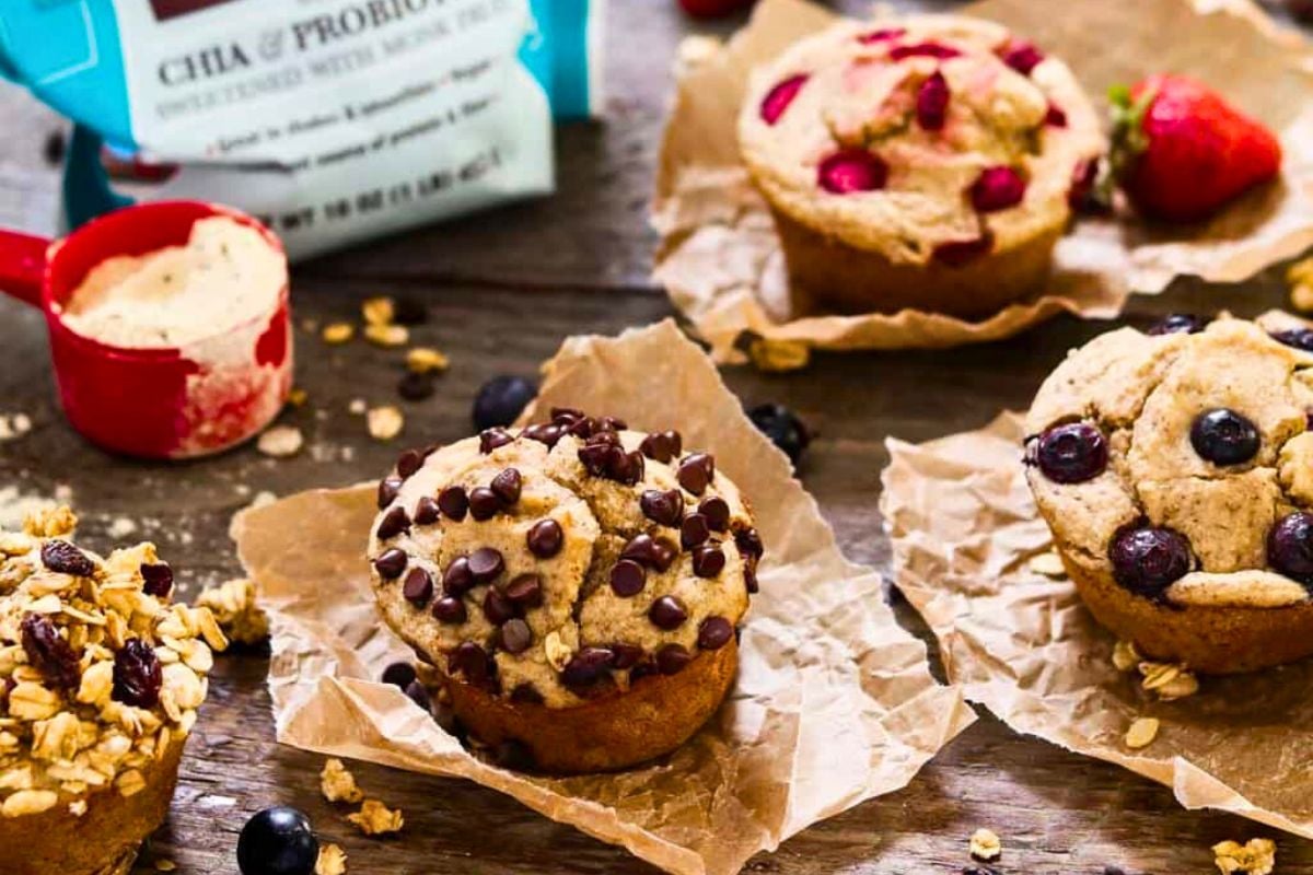 Vegan Protein Muffins topped with chocolate chips.