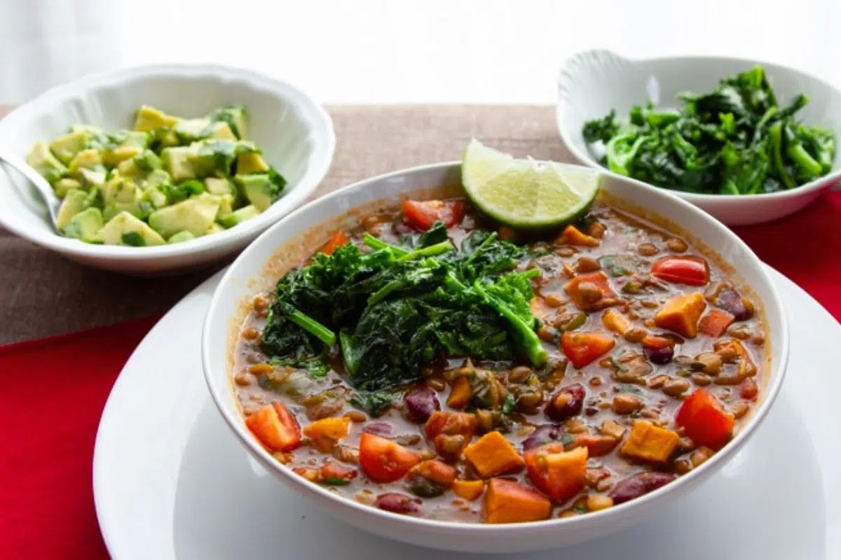 Vegetarian Chili With Sweet Potatoes served in a bowl.
