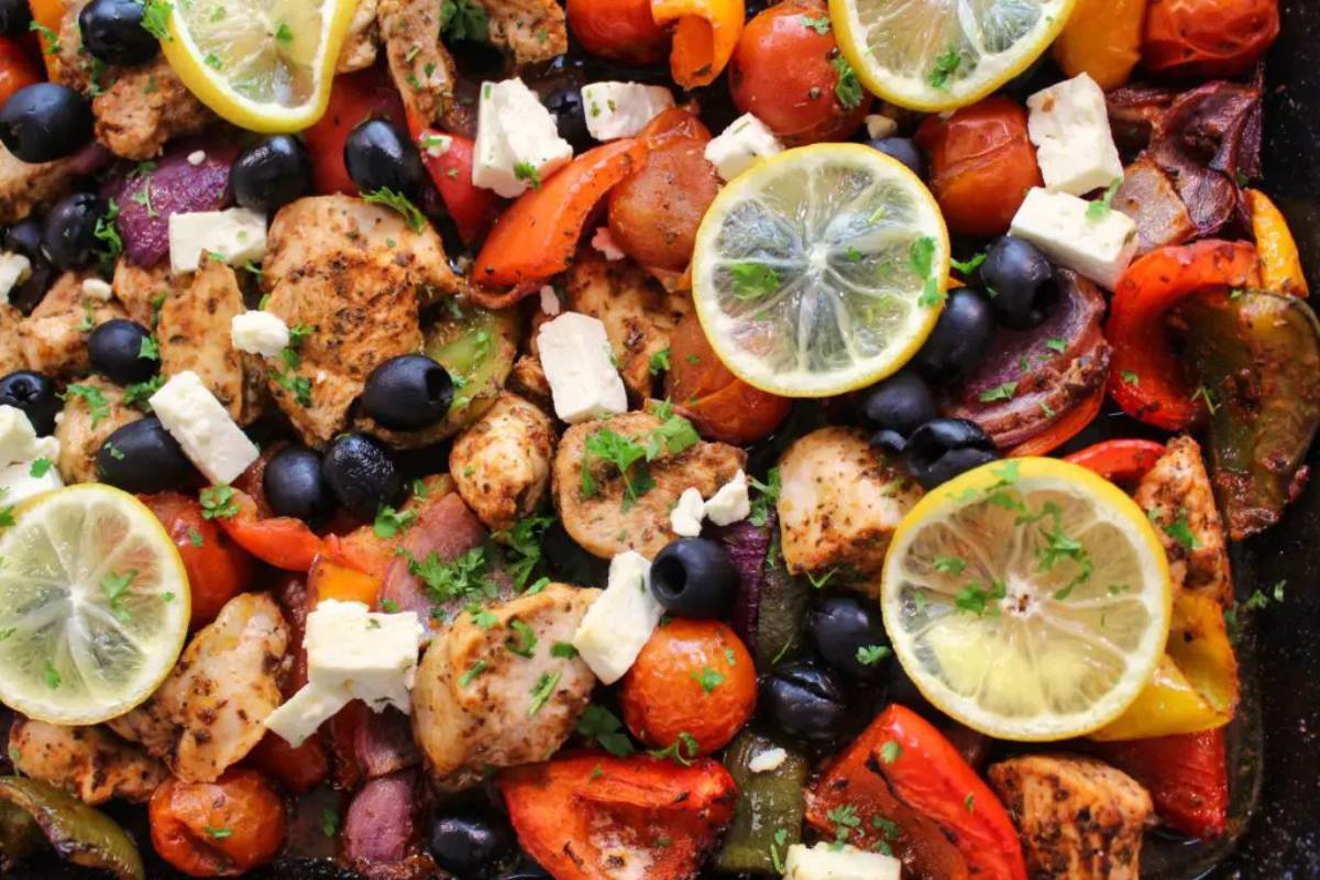 A sheet pan full of chicken and veggies.