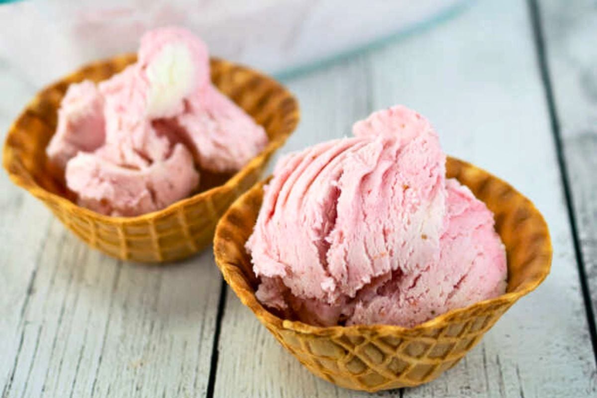 3-Ingredient Easy Strawberry Ice Cream in a waffle cup.