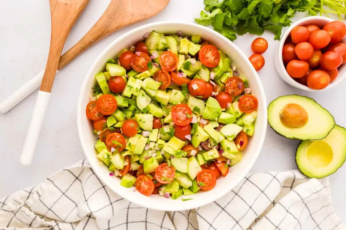 Avocado Tomato Cucumber Salad overhead view.