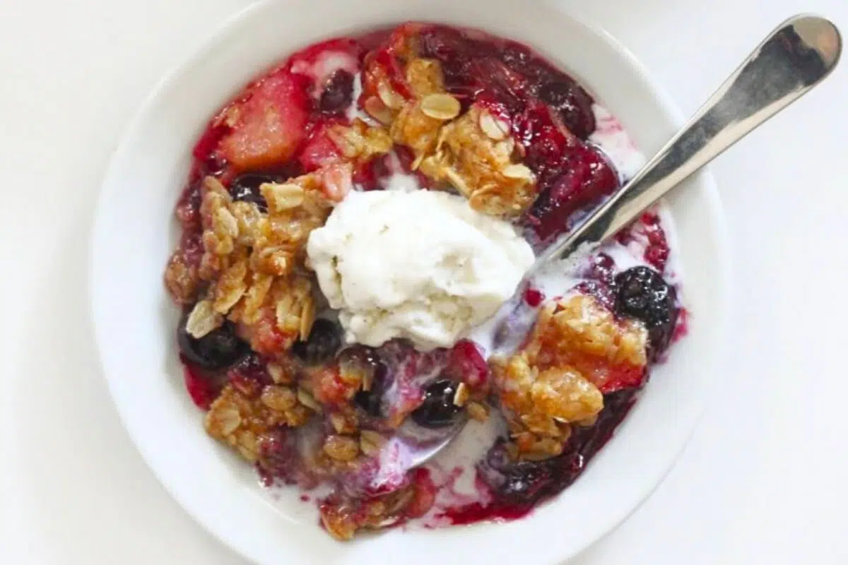 Blueberry Rhubarb Crisp served in a bowl.