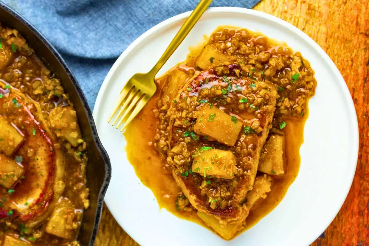 Brown Sugar Pineapple Pork Chops overhead shot view.