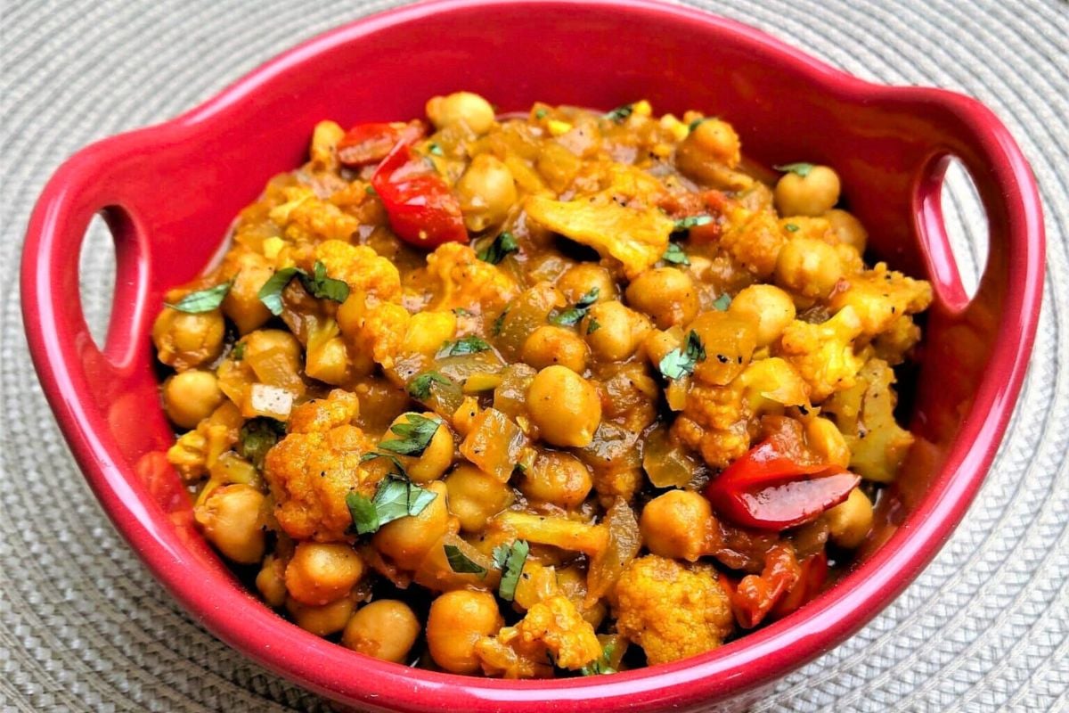 Chickpea Cauliflower Curry served in a bowl.