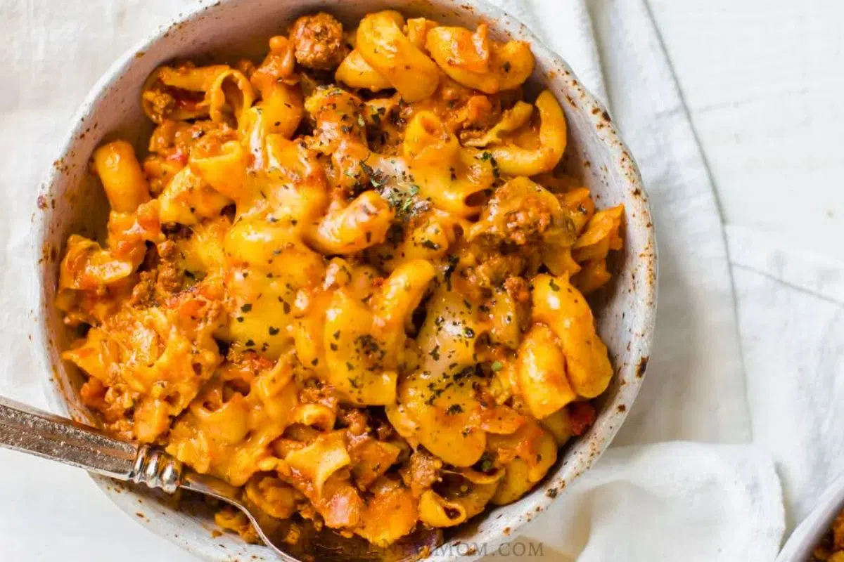 Chili Mac served in a bowl.