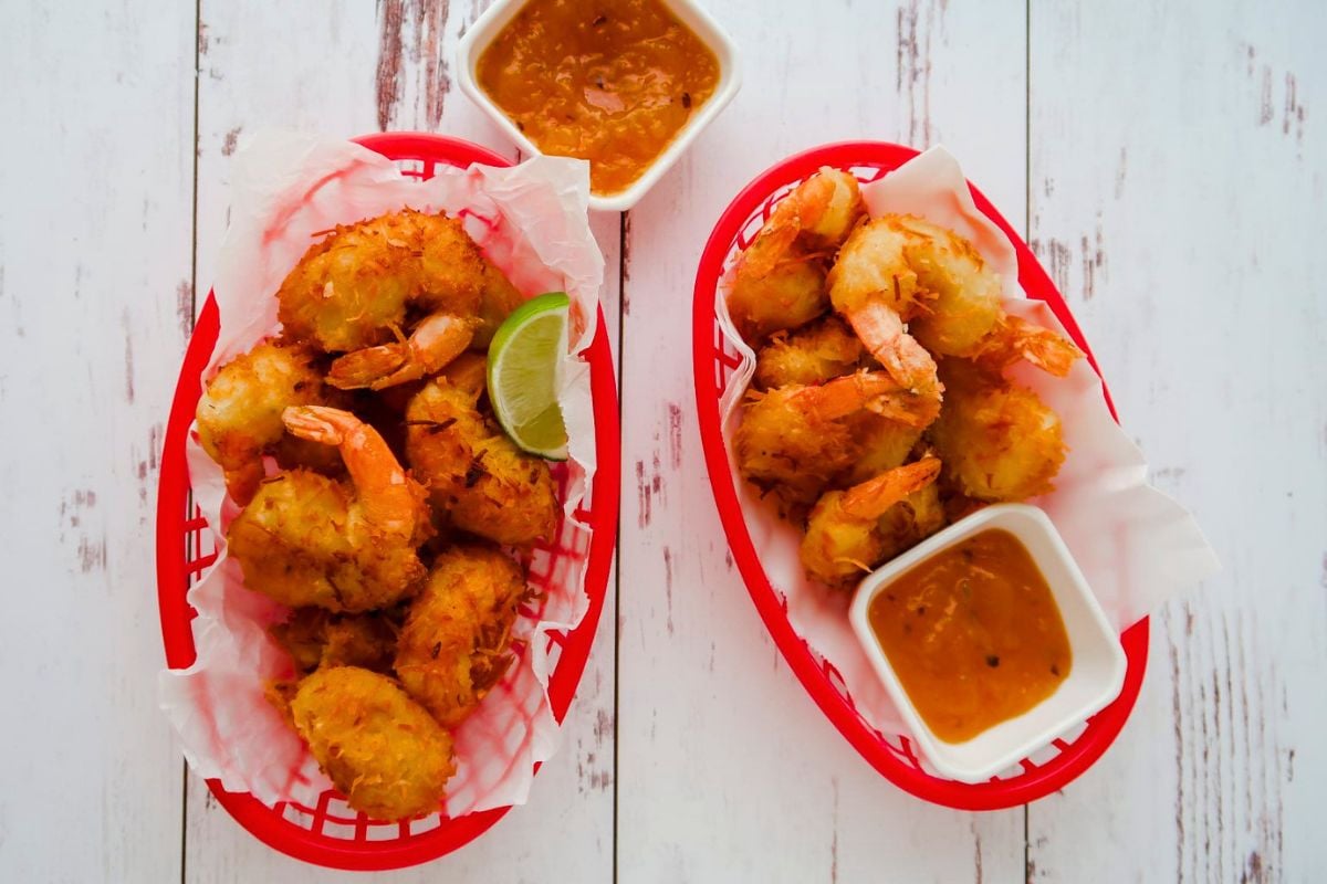 Coconut Shrimp with the Best Coconut Shrimp Sauce overhead view.