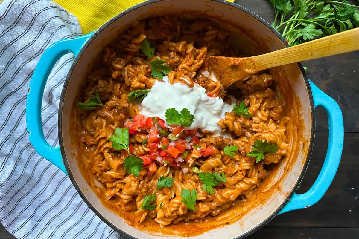 Creamy Mexican Taco Pasta in a pot.