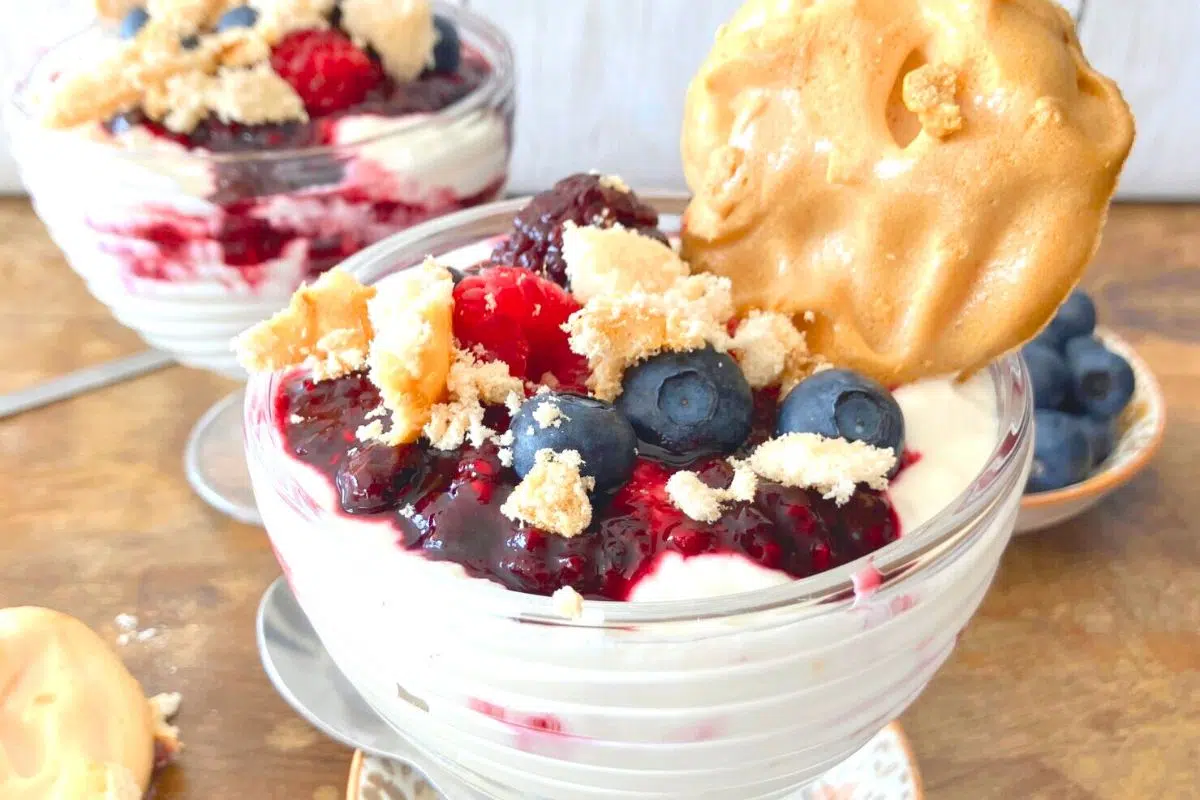 Greek Yoghurt Eton Mess with Mixed Berries close up look.