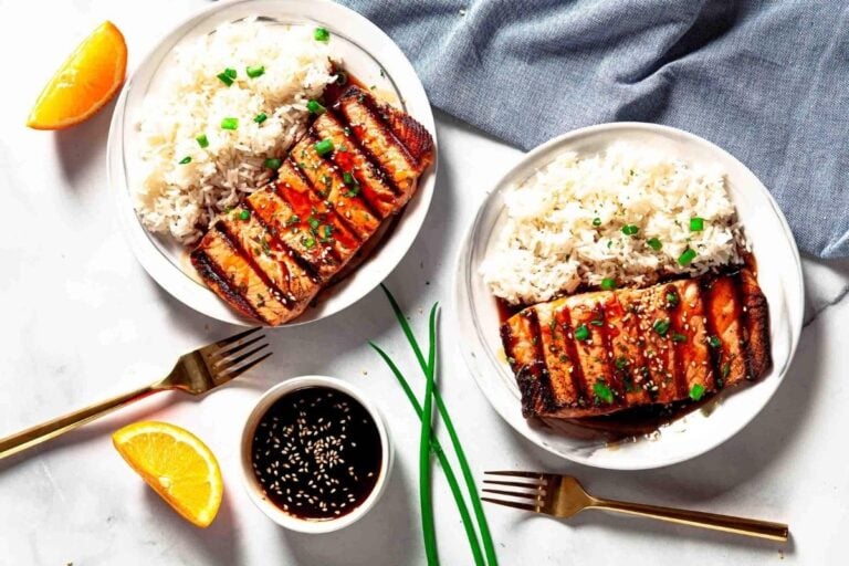 Grilled Teriyaki Salmon overhead view.