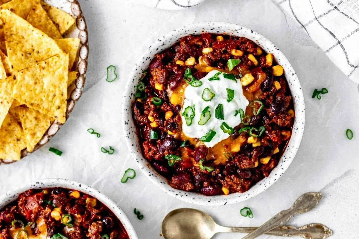 High Protein Chili garnished with chopped spring onions.