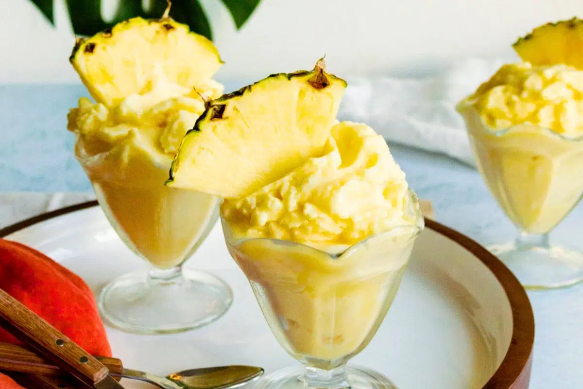 Homemade Dole Pineapple Whip served in glasses.