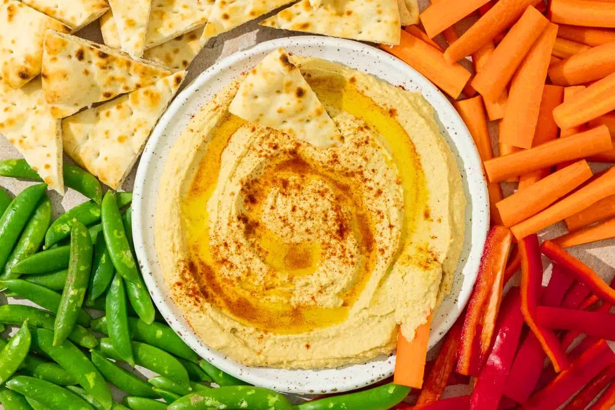 Homemade Hummus served with veggies.