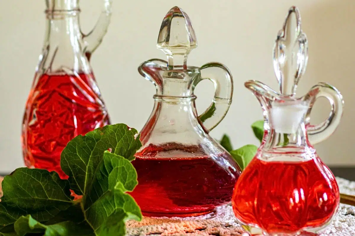 Homemade Rhubarb Vinegar in a fancy bottle.