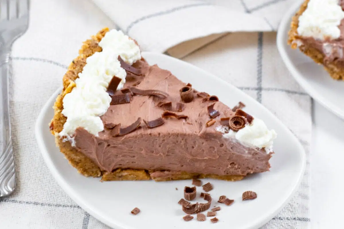 Keto Chocolate Pudding Pie served on a plate.
