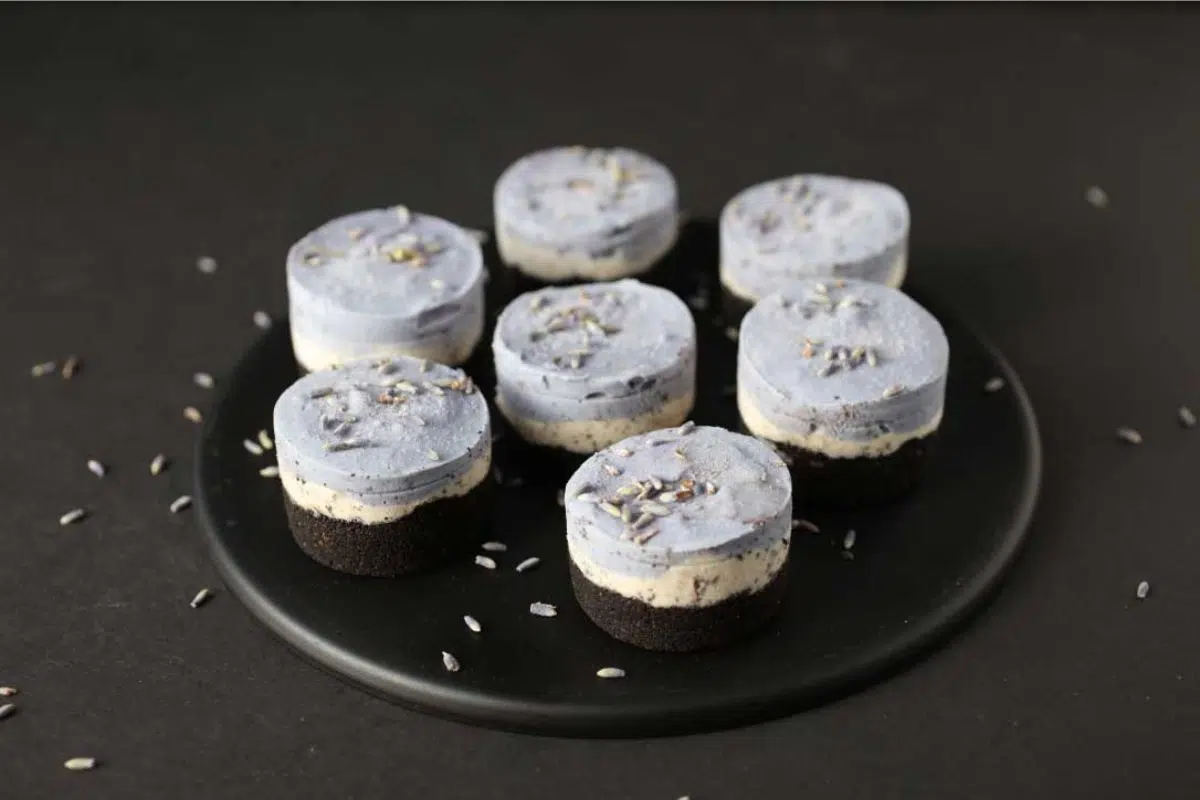 Mini purple cheesecakes on a plate.