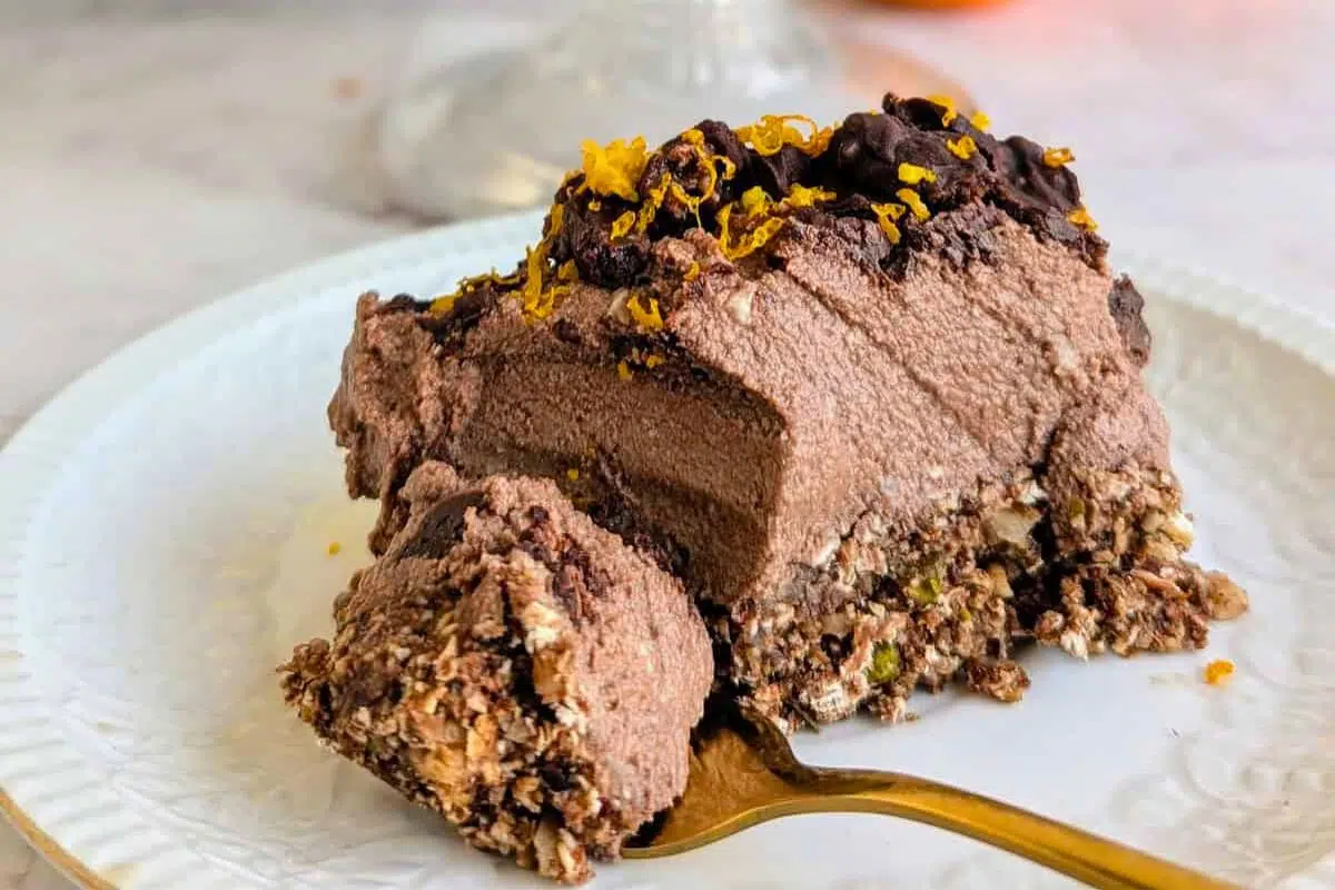 No-Bake Chocolate Orange Mousse Cake with Crunchy Oats served on a plate.
