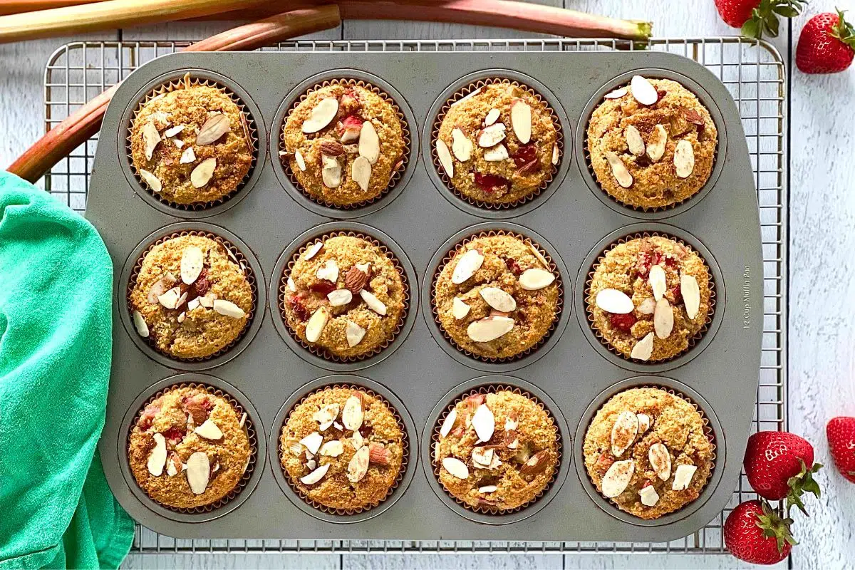 Paleo Strawberry Rhubarb Muffins in a muffin tin.