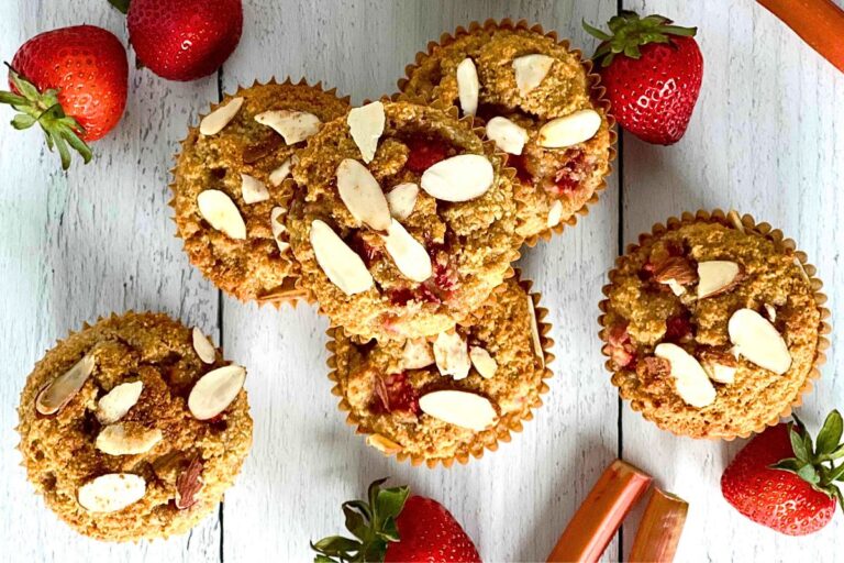 Paleo Strawberry Rhubarb Muffins overhead view.