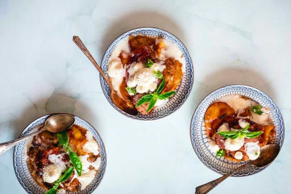 Peach Cobbler Recipe with Fresh Basil with overhead shot.