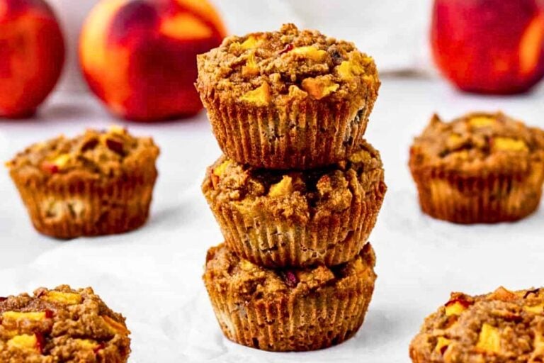 Peach Muffins Recipe on a table.