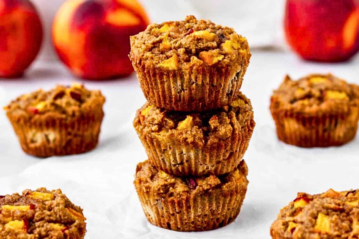Peach Muffins Recipe on a table.