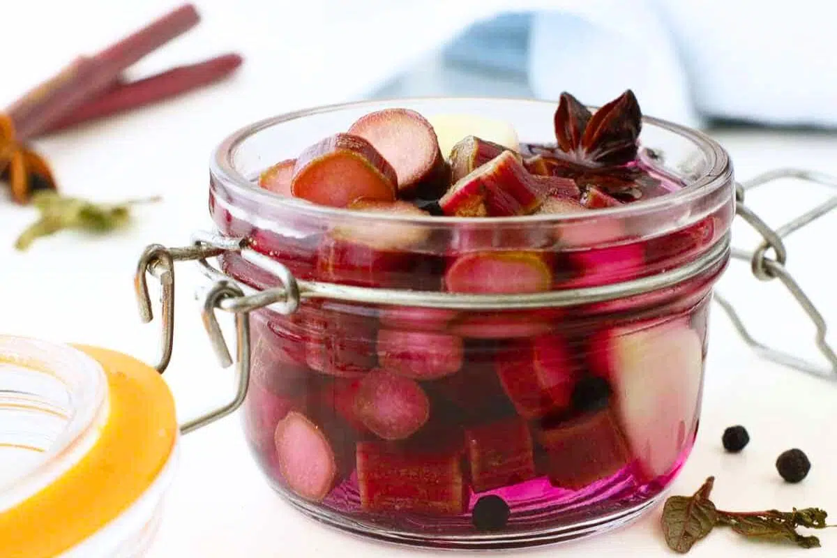 Pickled Rhubarb in a jar.