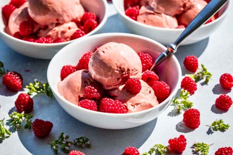 Raspberry Ice Cream served in a bowl.