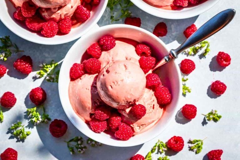 Raspberry Ice Cream served in a bowl.