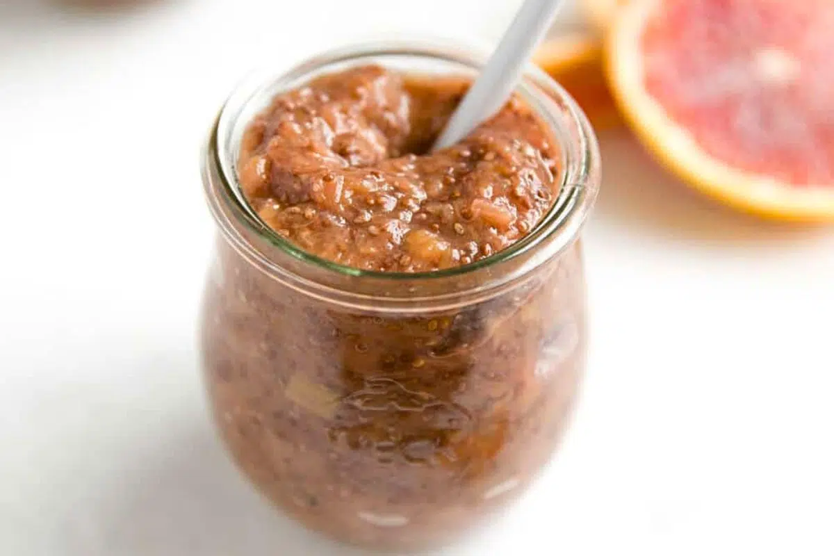 Rhubarb Chia Jam in a jar.