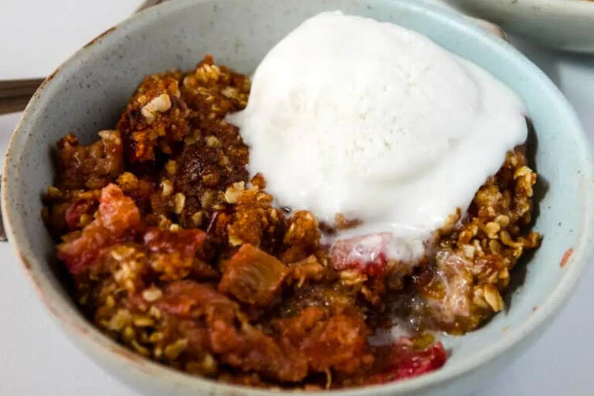 Rhubarb Crisp served in a bowl.