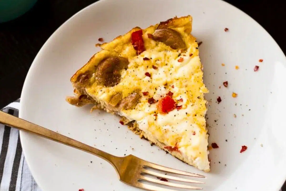 Sausage, Red Pepper and Goat Cheese Frittata in a plate.