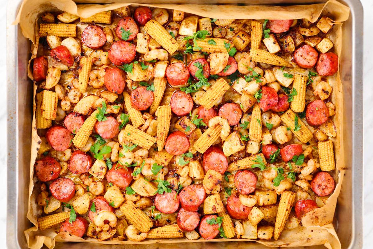 Sheet Pan Shrimp Boil close up look.