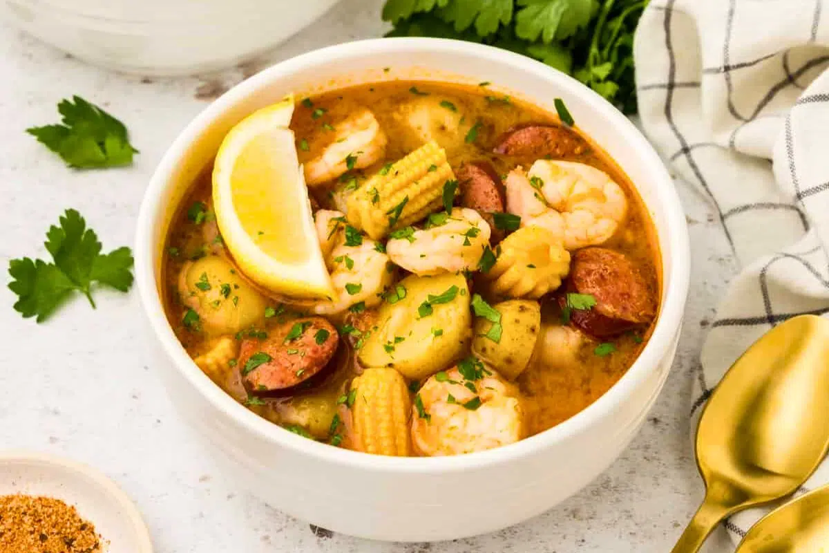 Shrimp Boil Soup in a small bowl.
