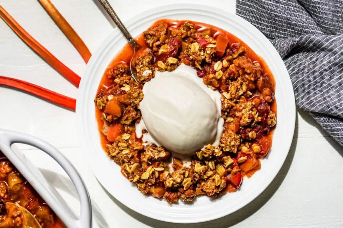 Strawberry Rhubarb Crisp served on a plate.