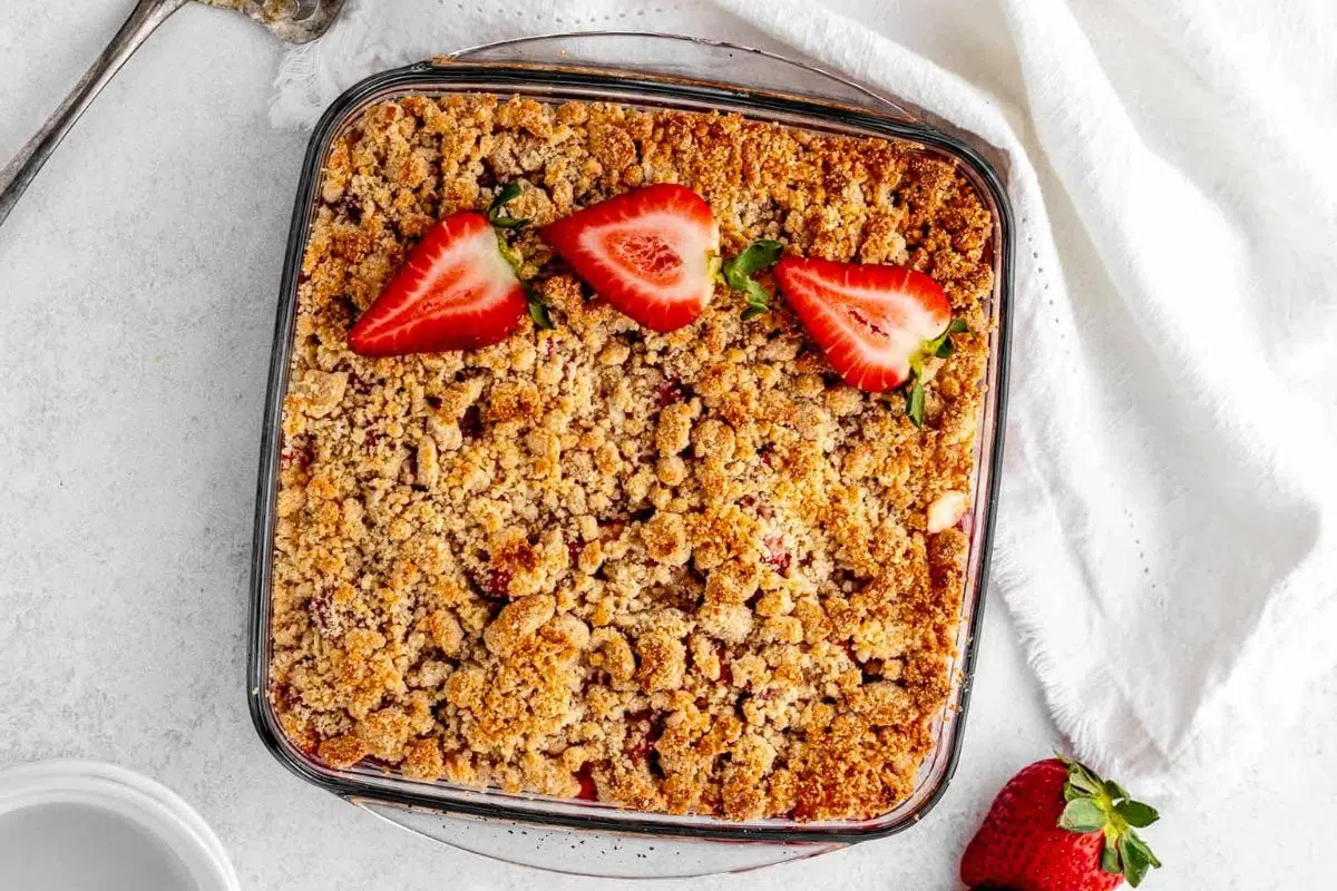 Strawberry Rhubarb Crisp overhead view.