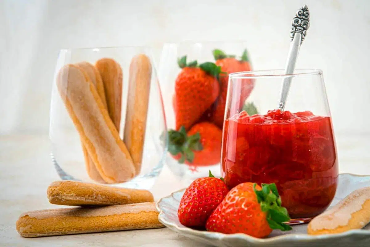 Strawberry Rhubarb Sauce in a glass.