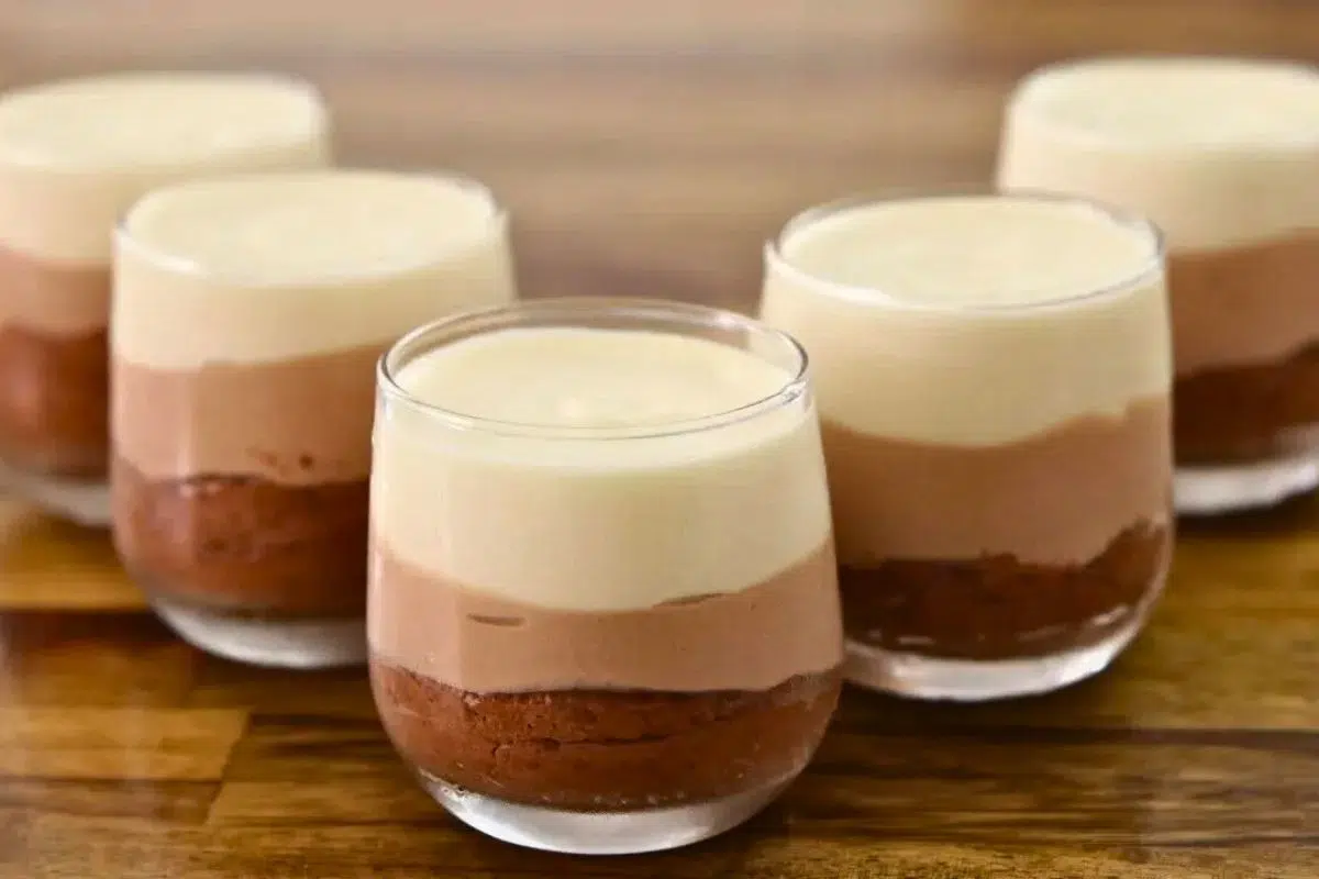Triple Chocolate Mousse served in glasses.