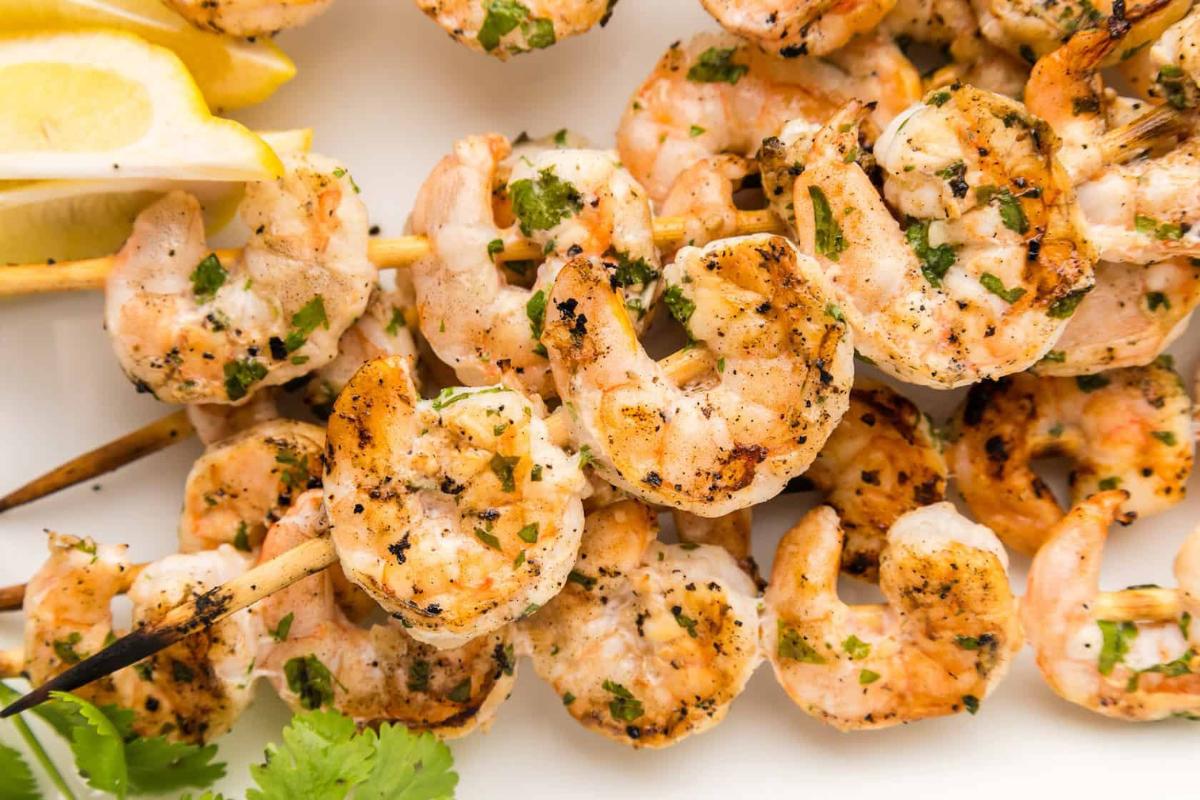 Lemon Butter Shrimp Skewers overhead view.