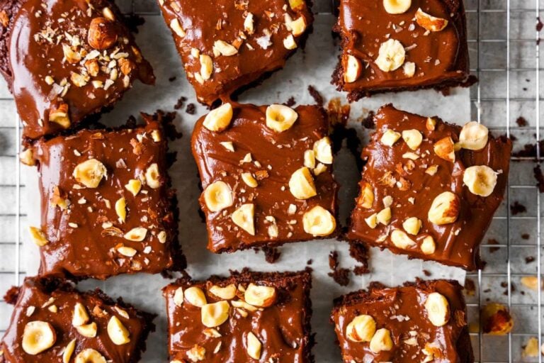 Vegan Chocolate Hazelnut Brownies on a cooling rack.