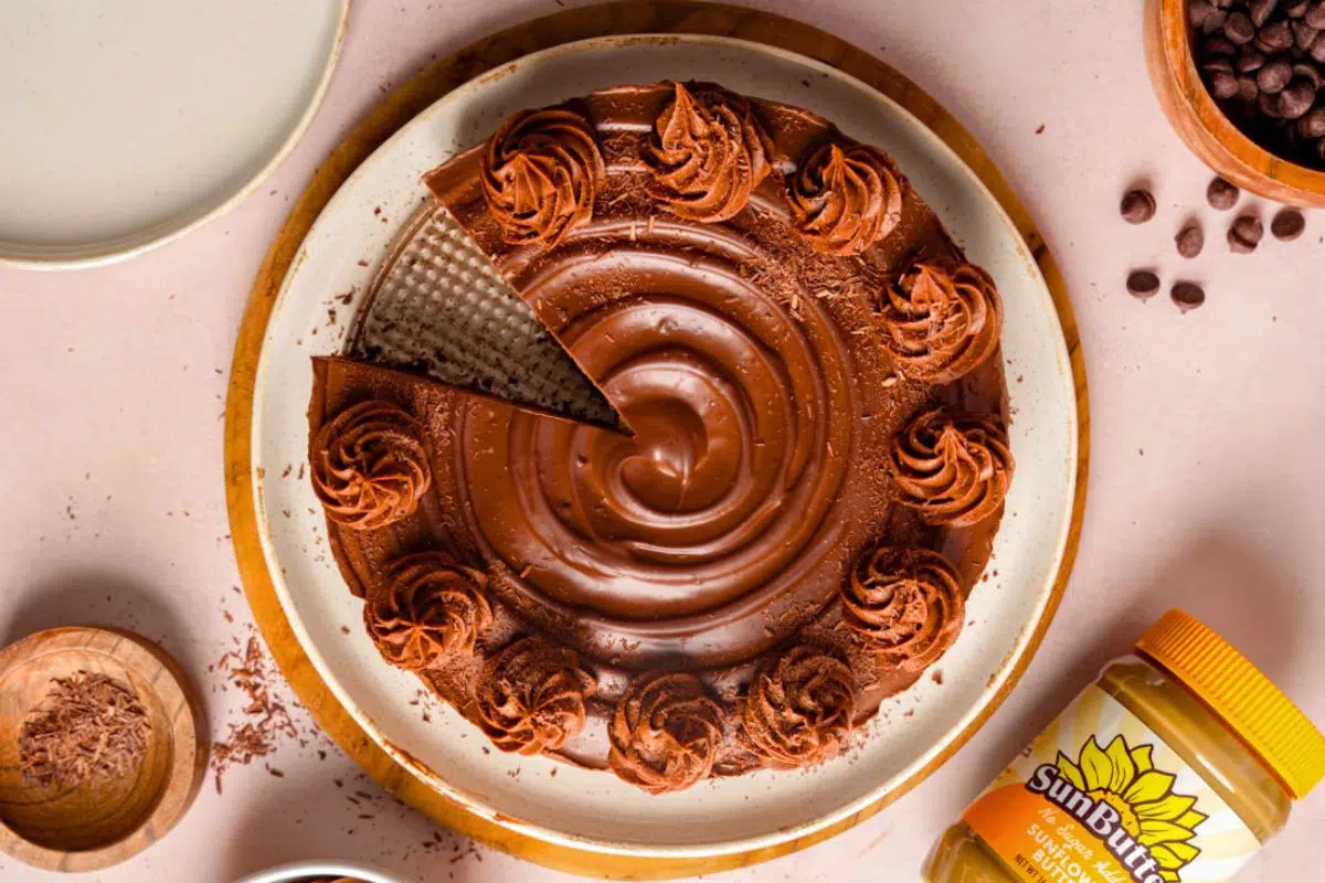 Vegan Chocolate Mousse Cheesecake overhead view.