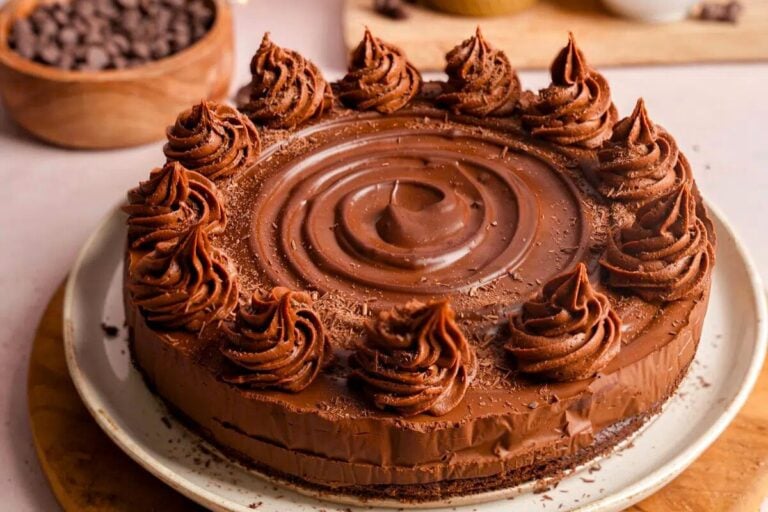 Vegan Chocolate Mousse Cheesecake served on a plate.