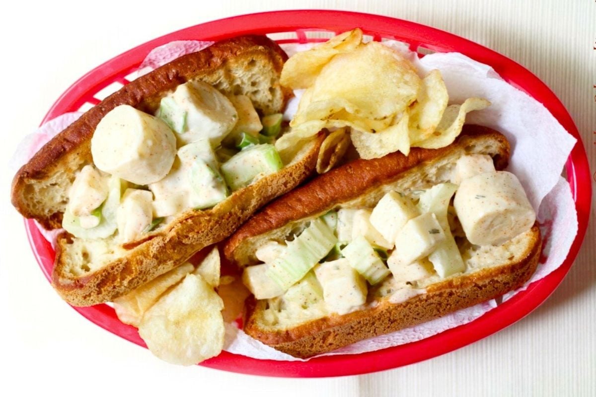 Vegan Maine Lobster Rolls overhead shot view.